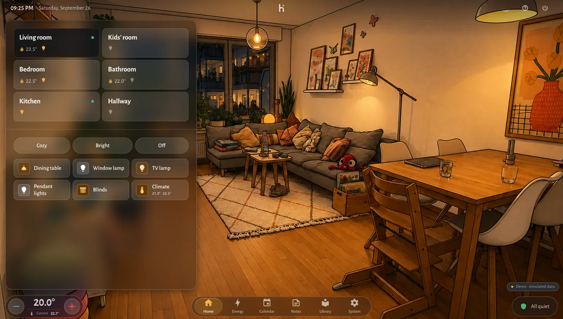 The home screen after dark: identical layout on dark surfaces, the room lit only by its own lamps.