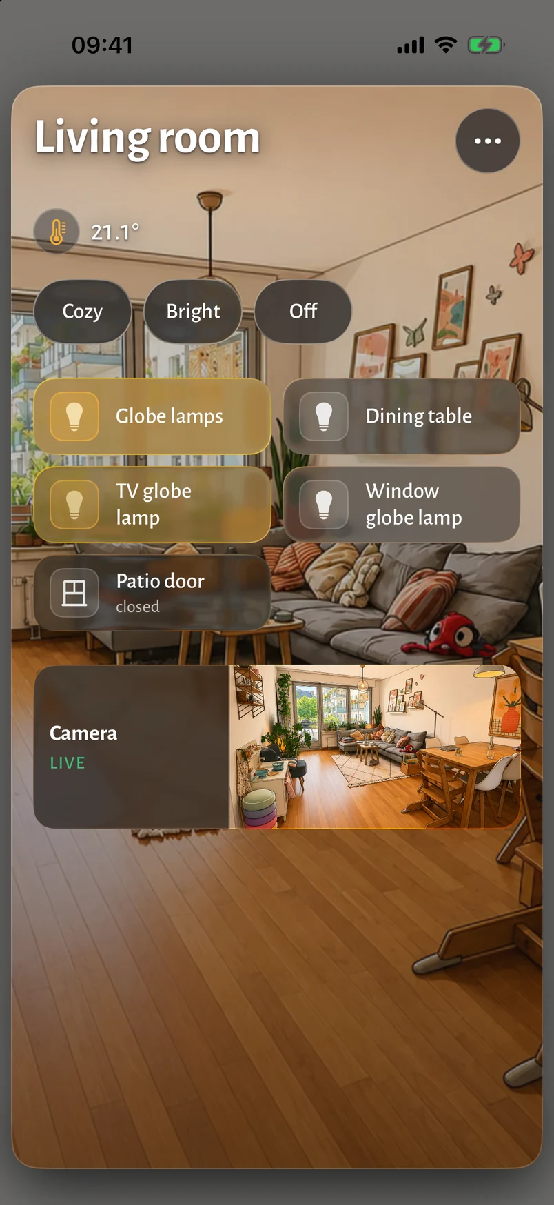 The iOS living-room screen with Cozy, Bright and Off scenes above the individual light controls.