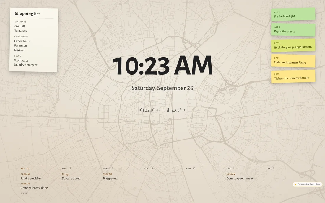 Hauser’s standby screen: a large clock, the family week, shopping list and notes over a faint neighbourhood map.