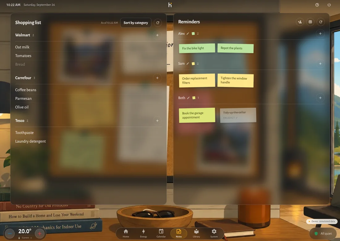The notes screen: a shopping list on the left grouped by shop, reminders as coloured notes on the right.