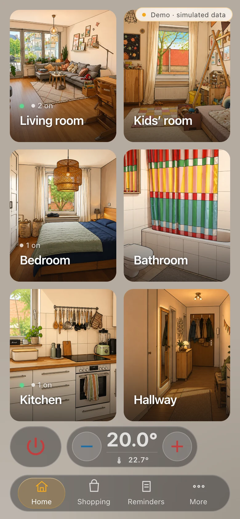 The phone layout: room tiles in two columns on a calm taupe ground, quick actions and the bottom bar as dark frosted glass.
