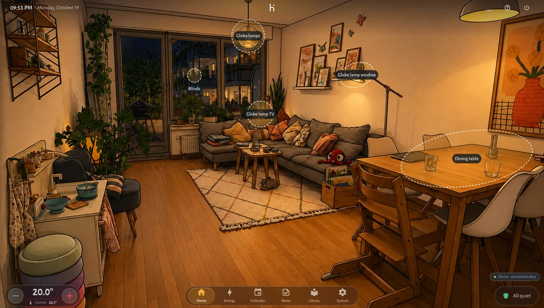 The living room in the evening with no control panel. Dashed outlines mark the globe lamps, the lamp by the window, the TV lamp, the blinds and the light over the dining table, each with its name.