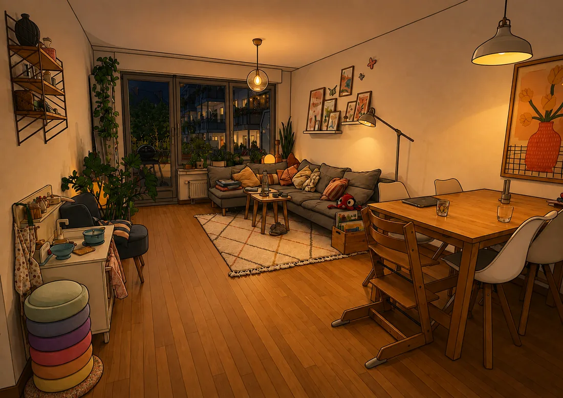 Evening: the same room lit warmly by its lamps, with the night visible outside.