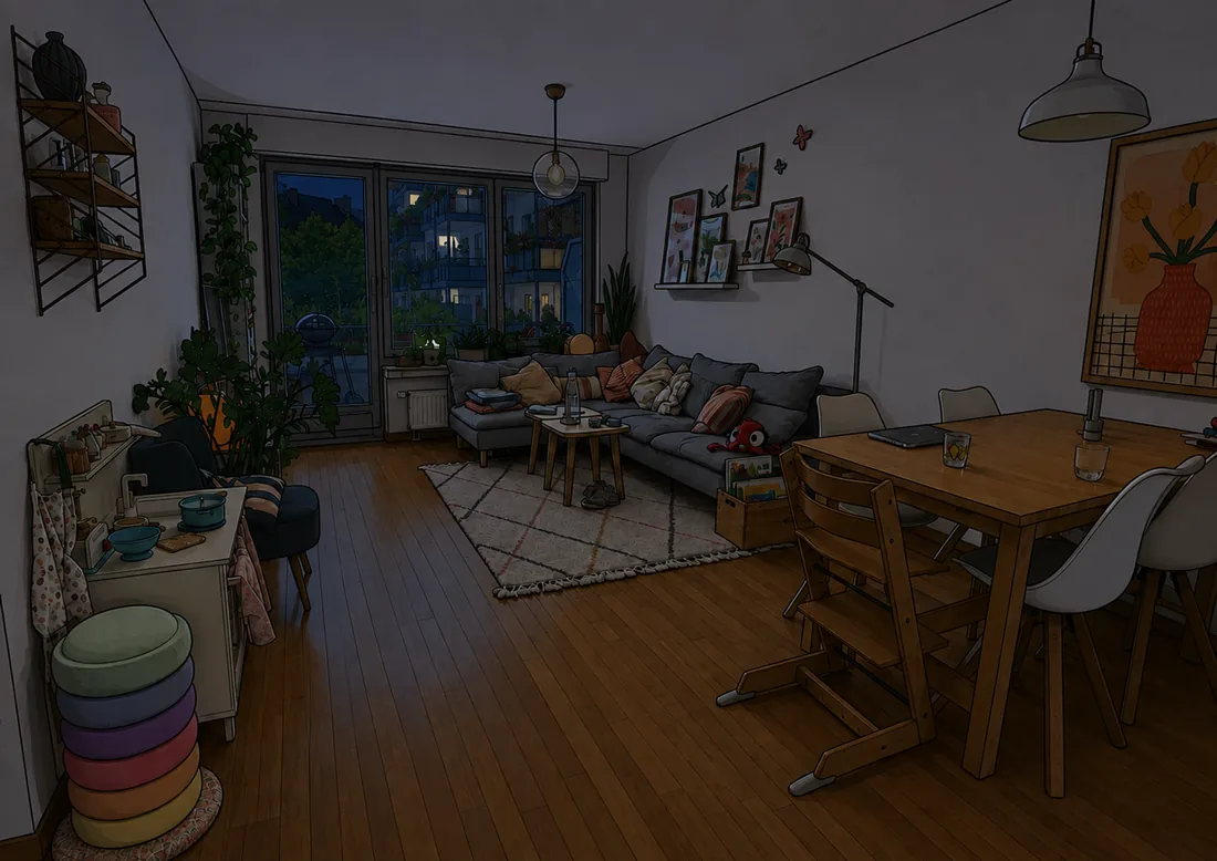 Lights off: the sofa and table are dark, outlined by a faint glow from the windows.
