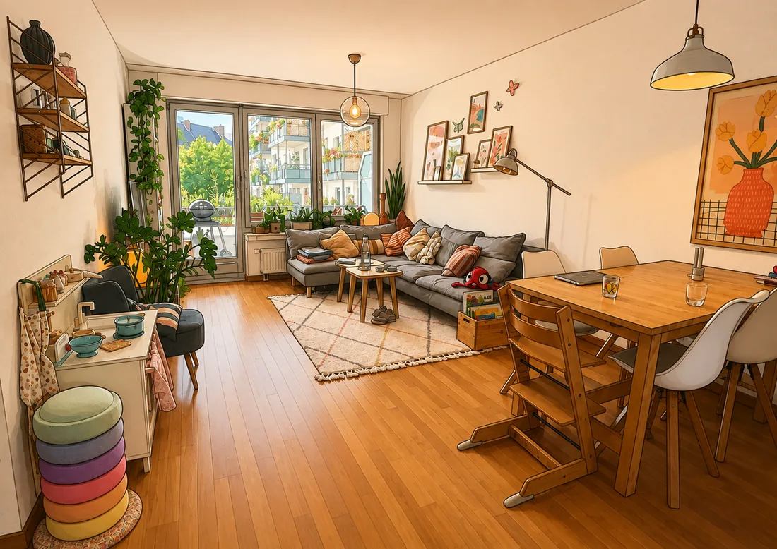 The actual Hauser illustration made from that photo, with the same sofa, balcony door and dining table.